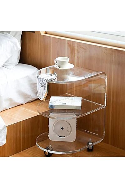 Slasa Rotating Acrylic Side Table with Wheels from - Transparent Two-Layer Snack Storage Cart for So