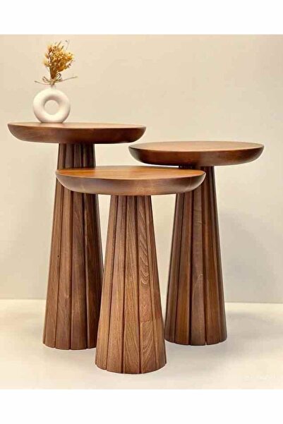 Simillo Home&Living Ahşap Mantar Sehpa 3’lü Set – Tütün Renk Masif Doğal Zigo...