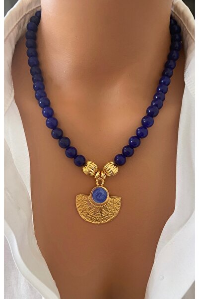 TARZ-I TAKI Altın Kaplama DOĞAL TAŞ Lacivert Kuvars Özel Tasarım Kadın Kolye ...