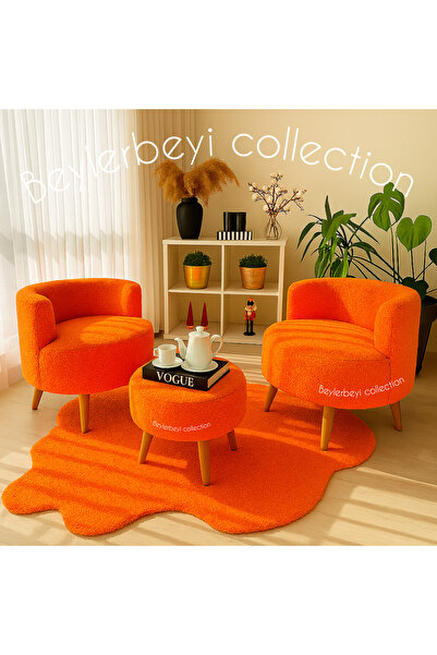 BEYLERBEYİ Köşe Takım, neon turuncu peluş kumaş,çay Seti Ikili Koltuk Berjer ...