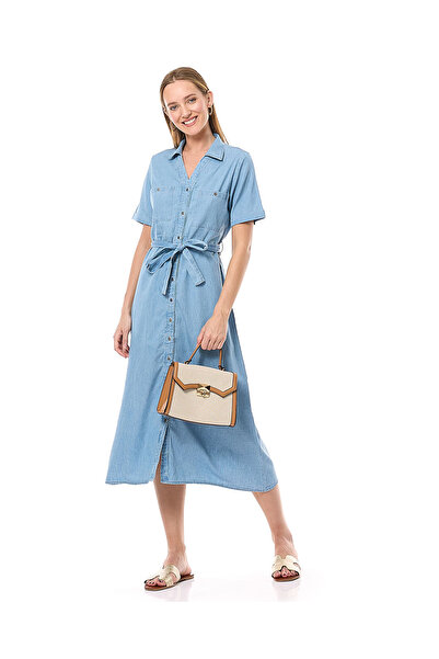 R&B Belted Denim Shirt Dress with Collar and Short Sleeves