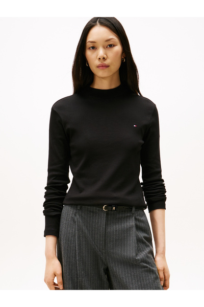 Tommy Hilfiger تي شيرت تومي هيلفيغر نسائي أسود بأكمام طويلة ورقبة دائرية وقصة ضيقة من كودي
