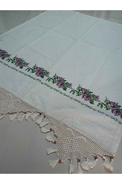 DENBU TEKSTİL Authentic Cross-Stitch Curtain Purple Cross-Stitch Hand-Laced Linen Curtain
