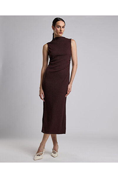 R&B Textured Sleeveless Column Dress with High Neck