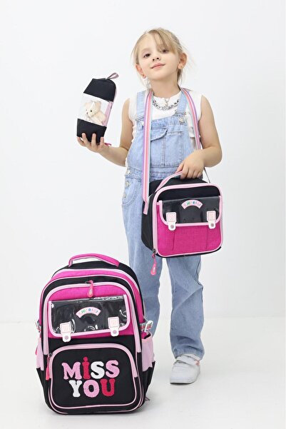 Probag Miss You Siyah 3'lü Okul Çanta Seti Sırt Çantası Beslenme Çantası Kalemlik İlkokul Peluş Oyuncak