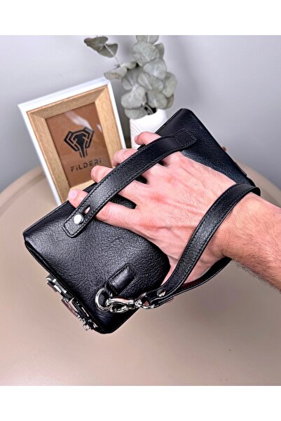 Fil Deri حقيبة يد من الجلد الطبيعي بسحاب مخفي لون أسود لامع 2105