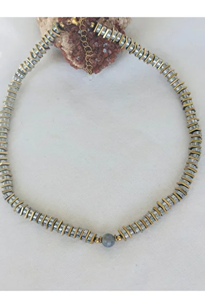 By Song Aksesuar Labradorite Natural Stone Hematite Necklace