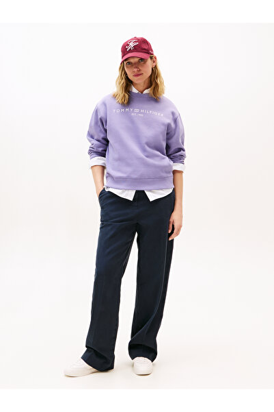 Tommy Hilfiger بلوفر تومي هيلفيغر نسائي بياقة دائرية وشعار عصري بلون لافندر آش