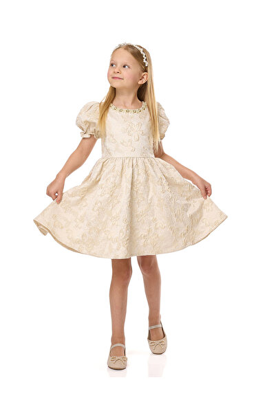 R&B Woven Fit and Flare Dress with Round Neck and Puff Sleeves