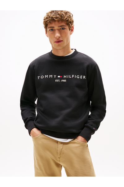 Tommy Hilfiger بلوفر رجالي من تومي هيلفيغر، أسود، برقبة دائرية، بشعار