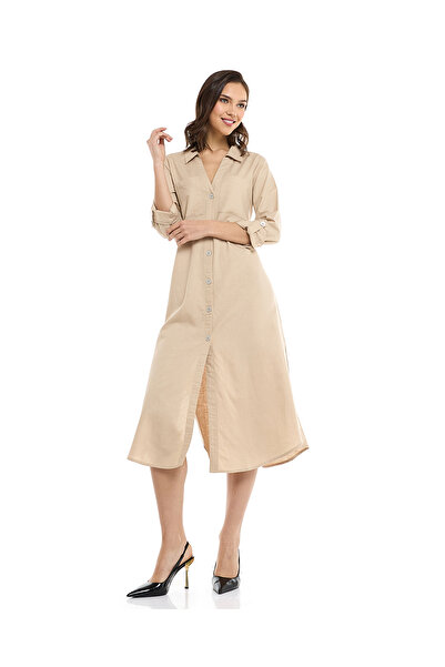 R&B Solid Shirt Dress with 3/4 Sleeves