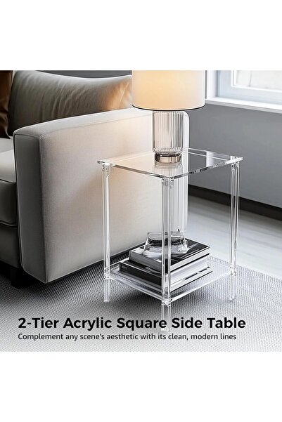 Slasa Acrylic Side Table with Two Tiers – Small Glass Side Table with Shelf – 50.8 × 40.6 × 30.5 cm