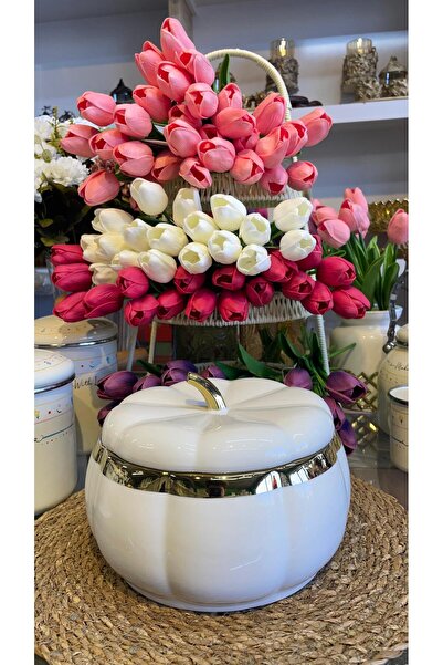 home nuria ACAR Tansy Porselen Lüx Beyaz Dekoratif Kabak Sunumluk Kapaklı Kas...