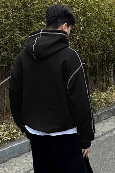 SALIENDO Men's Open Stitched Black Oversize Hooded Sweatshirt