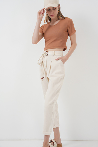 Merterium Women's Belted Linen Trousers Cream 1278