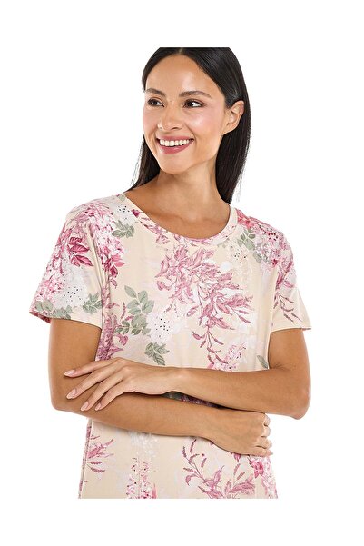 R&B Floral Patterned Nightdress with Crew Neck and Short Sleeves