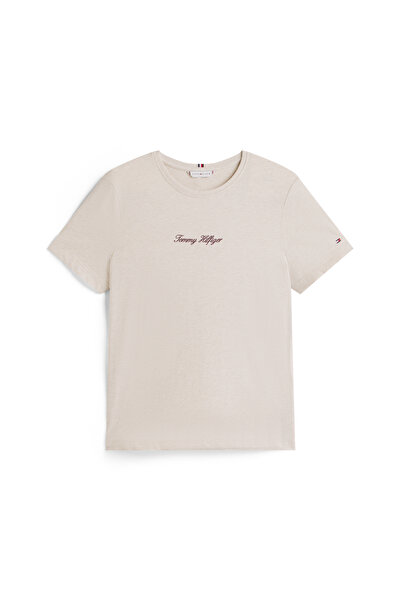 Tommy Hilfiger Tommy Hilfiger Women Heather Oatmilk Short Sleeve Crew Neck Classic Script Regular Fit T-Shirt