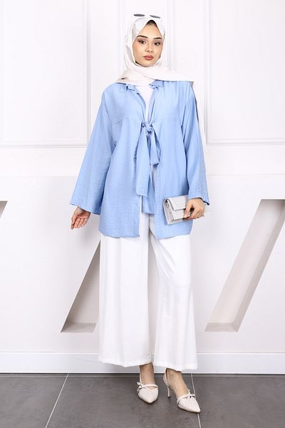 İmajButik Baby Blue Front Tie Modal Kimono