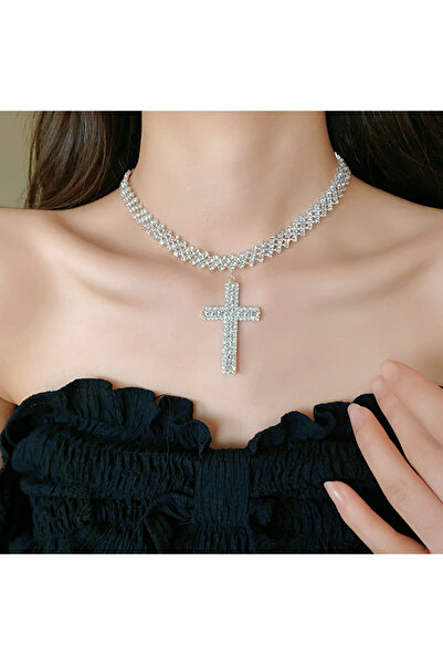 Flaner Paris Accessorize Çapraz Dizim Taşlı Haç Kolye, Kadın Gümüş Renk Zarif...