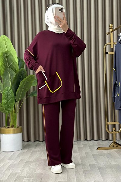 Generic Brand Özgül Takim Crystal Fabric Women's Burgundy Striped Pants Suit ...