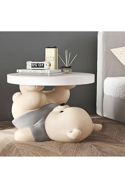 Raffine -Piece Cute Bear Statue Round Coffee Table Bedroom Nightstand Bed Table with Bluetooth Speaker