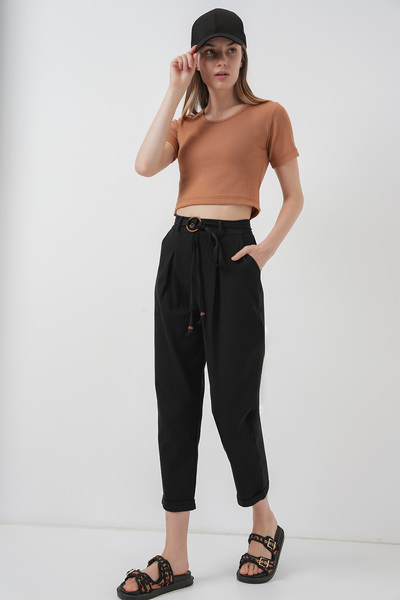 Merterium Women's Belted Linen Trousers Black 1278