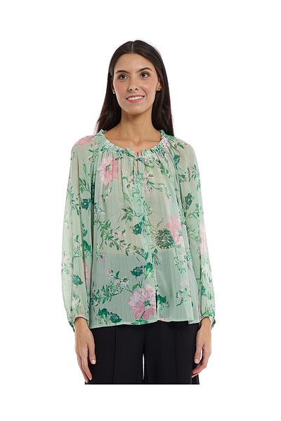 R&B Floral Print Top with Round Neck and Puff Sleeves