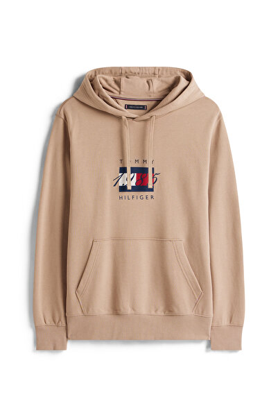 Tommy Hilfiger Tommy Hilfiger Men Coastal Taupe Regular Fit Linear Flag Graphic Pullover Hoodie