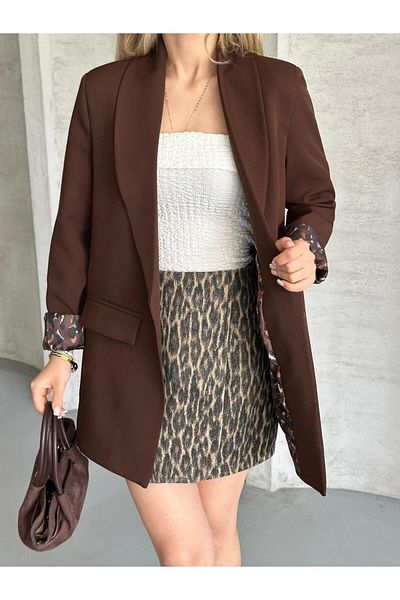 vesantia Women's Bitter Brown Bell Fabric Leopard Pattern Blazer Jacket with Lining Detail