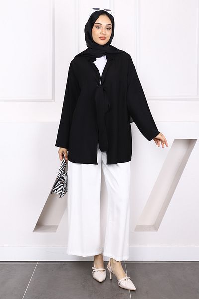 İmajButik Black Front Tie Modal Kimono