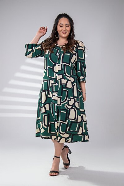 Roxxlen 333252 Μακρύ φόρεμα με κουμπιά μπροστά σε μεγάλο μέγεθος πράσινο