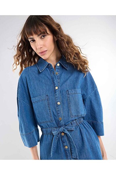 R&B Tie Waist Denim Top with Classic Collar and 3/4 Sleeves