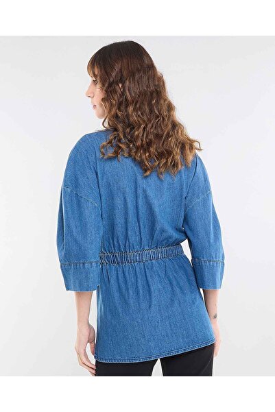R&B Tie Waist Denim Top with Classic Collar and 3/4 Sleeves