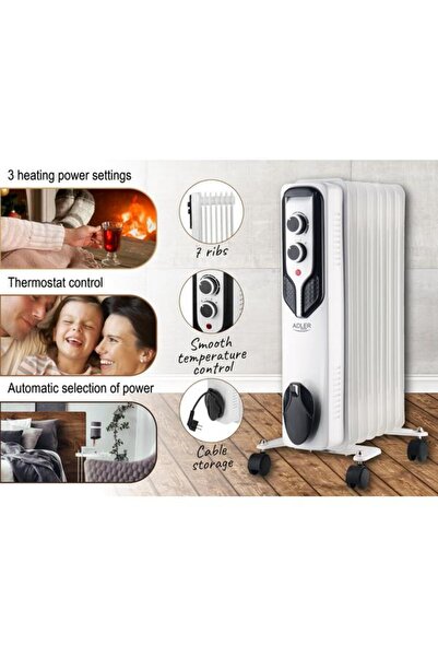 adler Electric Oil Heater AD 7815, 1500 W, 3 Power Levels, 7 Elements (White)