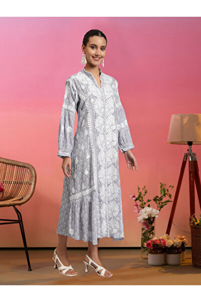 alaya Hand Embroidered Chikankari Mulmul Cotton Printed Jalabiya-AL4053