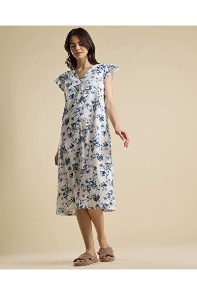 R&B Printed Nightdress with V-Neck and Ruffle Sleeves