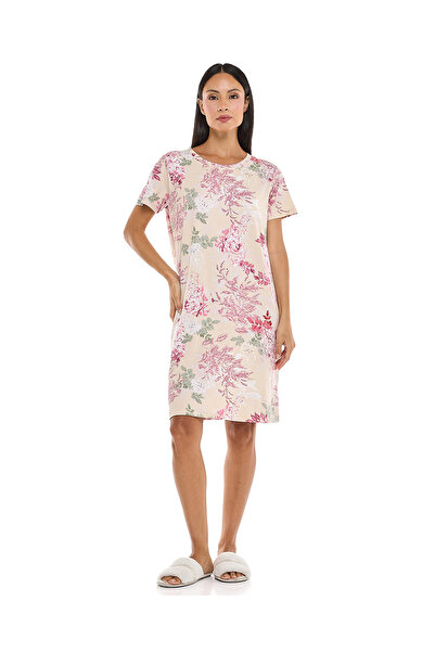 R&B Floral Patterned Nightdress with Crew Neck and Short Sleeves