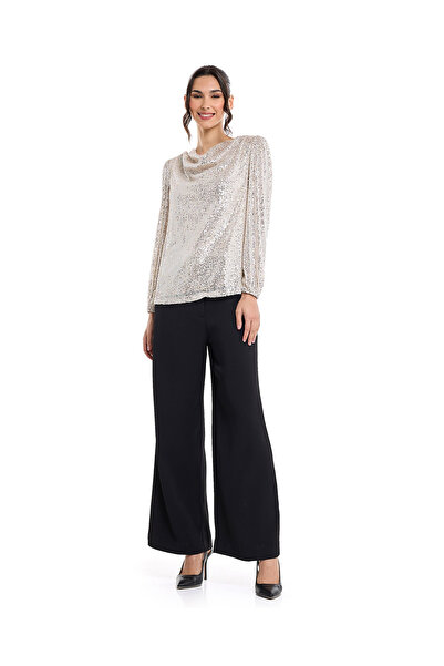 R&B Sequined Top with Cowl Neck and Long Sleeves