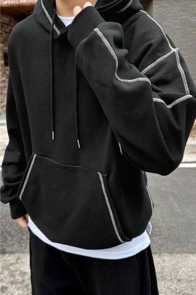 SALIENDO Erkek Açık Dikişli Siyah Oversize Kapüşonlu Sweatshirt
