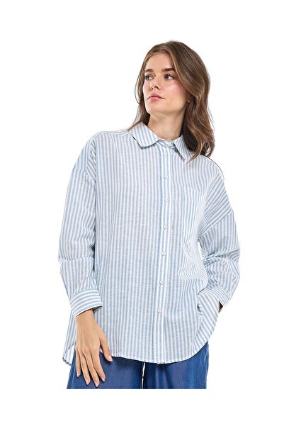 R&B قميص تونيك مخطط بياقة كلاسيكية وأكمام طويلة