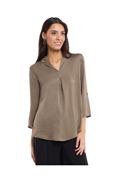 R&B Solid Shirt with Lapel Collar and 3/4 Sleeves