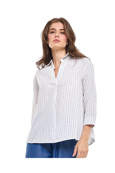 R&B بلوزة مخططة بياقة وأكمام بطول 3/4