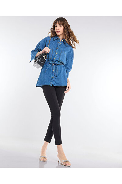 R&B Tie Waist Denim Top with Classic Collar and 3/4 Sleeves