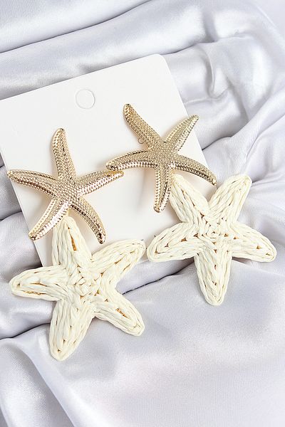 TT Tahtakale Toptancıları Brass Dangle Cream Starfish Model Gold Color Straw Earrings 11029