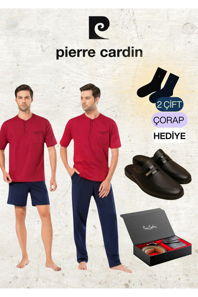 Pierre Cardin 3 Piece Combed Cotton 100% Cotton Claret Red Pajama Set & Leather Slippers & Genuine Leather Belt Wallet Set