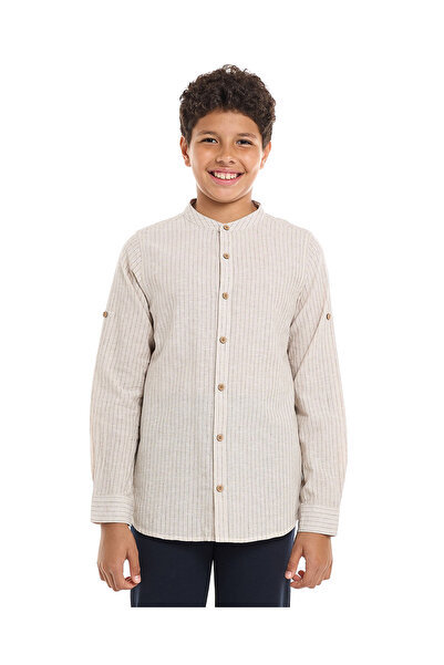 R&B قميص مخطط بياقة ماندرين وأكمام طويلة