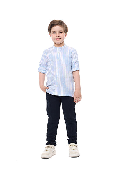 R&B قميص مخطط بياقة ماندرين وأكمام طويلة