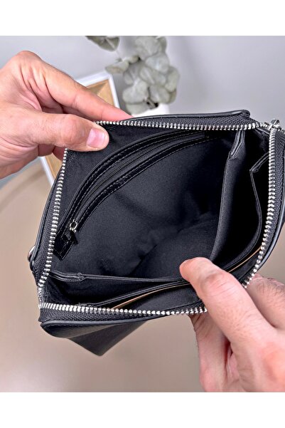 Fil Deri Genuine Leather Combination Zipper Handbag Matte Black Color 2105