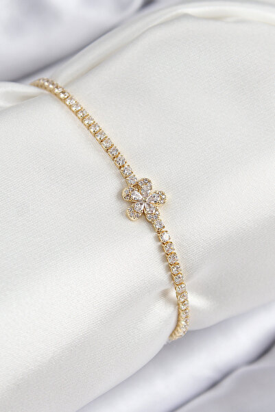 STİLLOVE سوار نسائي من النحاس والزركون على شكل زهرة ذهبية اللون