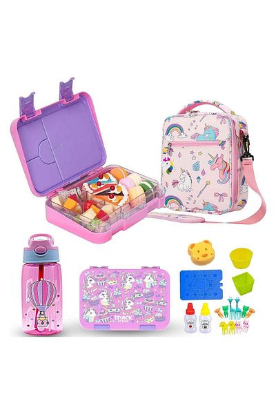 Snack Attack Lunch Box for Kids Bento Box 4, 6 Compartments, Pink Unicorn Combo